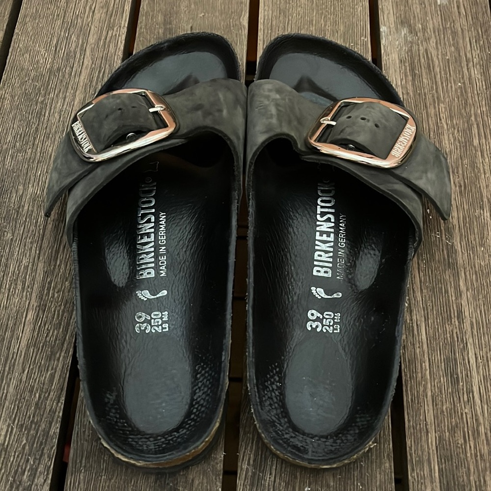 Birkenstock Madrid big buckle black, women’s leather size European 39, USA